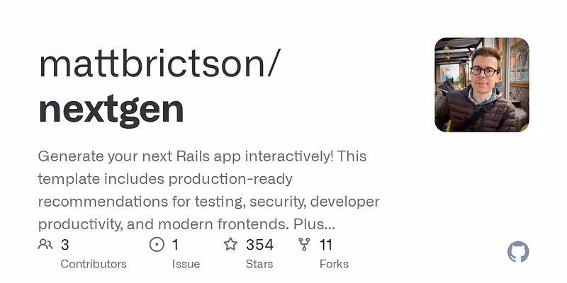 mattbrictson/nextgen: Generate your next Rails app interactively! This template includes production-ready recommendations for testing, security, developer productivity, and modern frontends. Plus optional Vite support! ⚡️