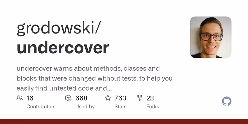 grodowski/undercover: undercover warns about methods, classes and blocks that were changed without tests, to help you easily find untested code and reduce the number of bugs. It does so by analysing data from git diffs, code structure and SimpleCov coverage reports