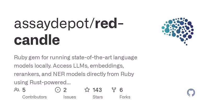 assaydepot/red-candle: Ruby gem for running state-of-the-art language models locally. Access LLMs, embeddings, rerankers, and NER models directly from Ruby using Rust-powered Candle with Metal/CUDA acceleration.