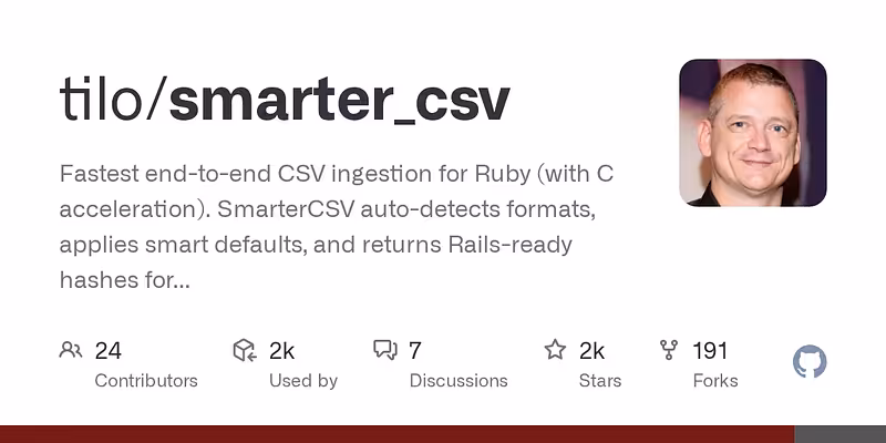 tilo/smarter_csv: Fastest end-to-end CSV ingestion for Ruby (with C acceleration). 