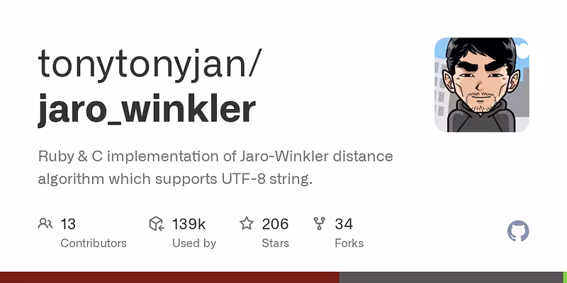tonytonyjan/jaro_winkler: Ruby & C implementation of Jaro-Winkler distance algorithm which supports UTF-8 string.