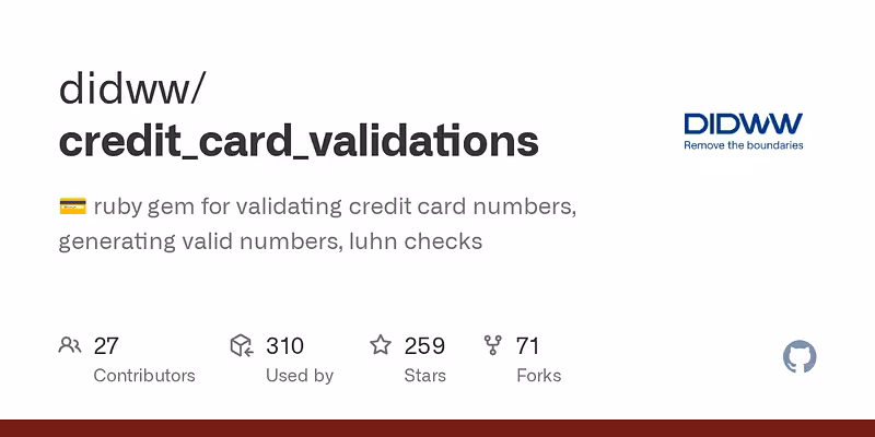 didww/credit_card_validations: :credit_card: ruby gem for validating credit card numbers, generating valid numbers, luhn checks