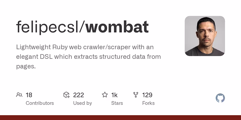 felipecsl/wombat: Lightweight Ruby web crawler/scraper with an elegant DSL which extracts structured data from pages.